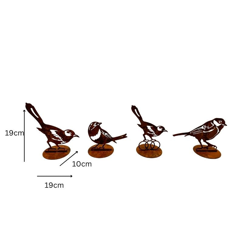 Laser Cut Birds on Base Set - 4 Assorted Rust Iron 19cm