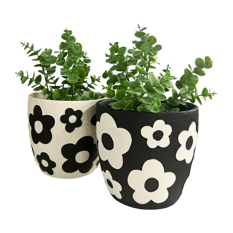 Set 2 Assorted Monochrome Flower Planters w Hole + Plug 17cm