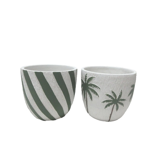 Set 2 Assorted Palm / Stripe Planters w Hole + Plug 17cm