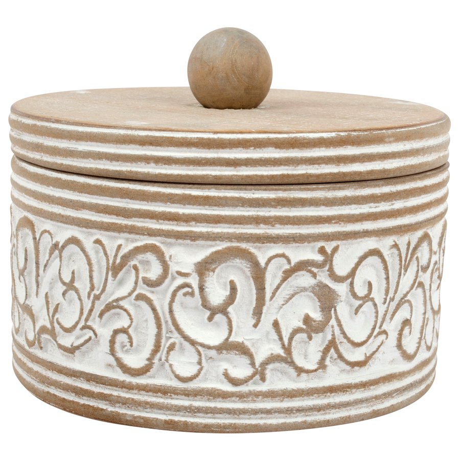 Round Carved White Trinket Box 17x14cm