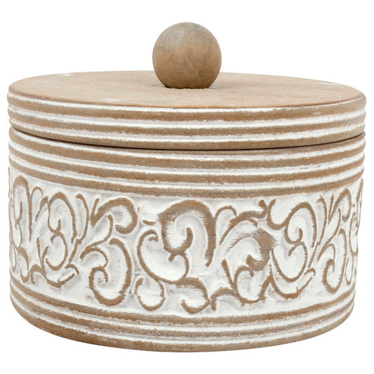 Round Carved White Trinket Box 17x14cm