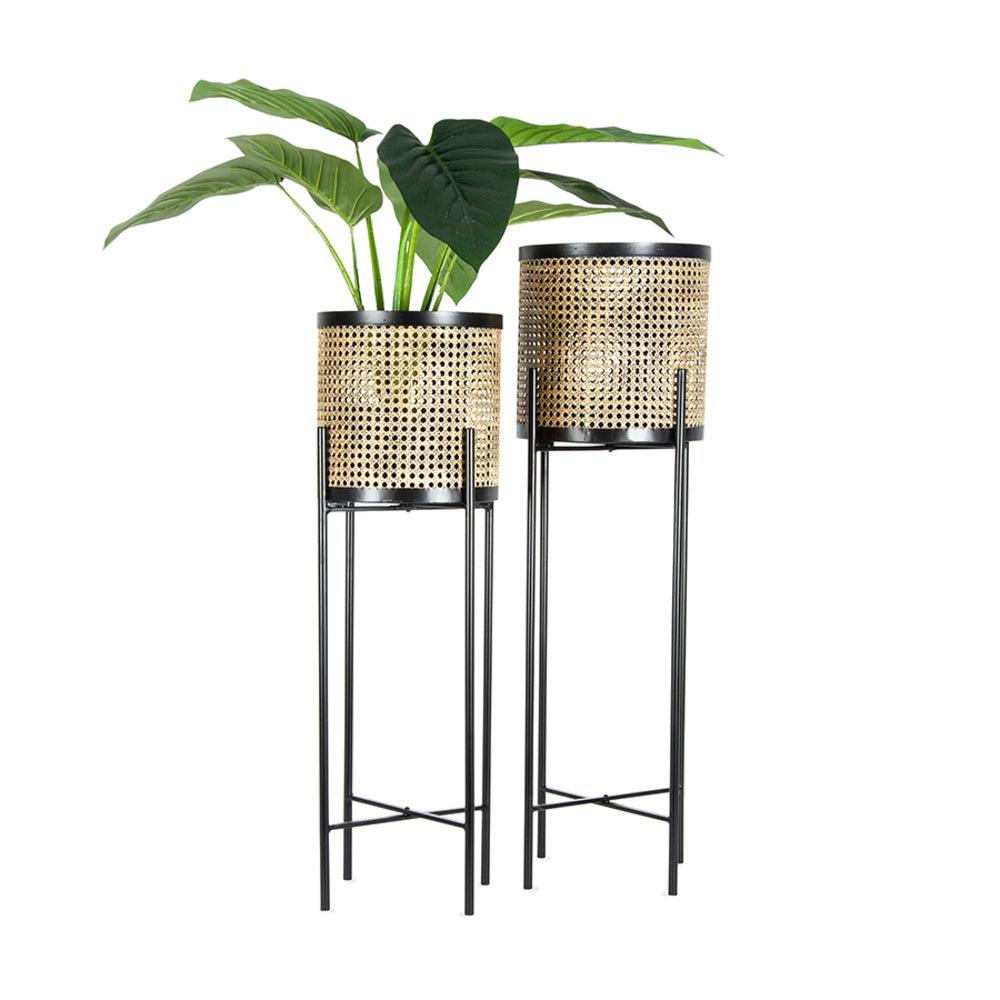 Rattan Metal Planters Set - 90cm Natural/Black