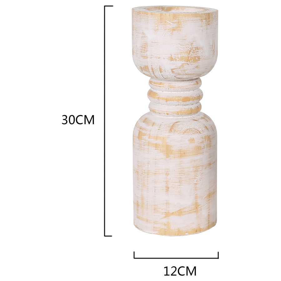 Contemporary 30cm Carved Loop Pillar Candleholder - Whitewash Natural