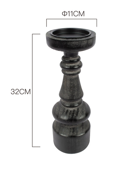 Nero Bold 32cm Pillar Candleholder - Antique Black Timber