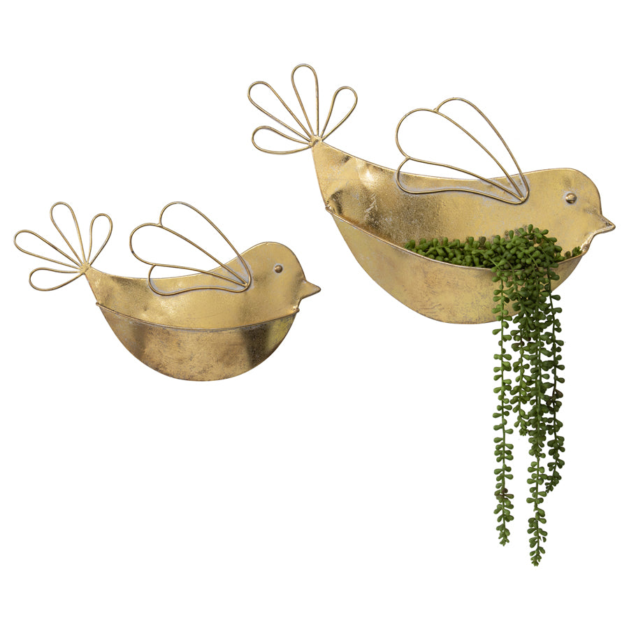 Set of 2 Distressed Gold Wall Planters - 8x29cm Iron Decor