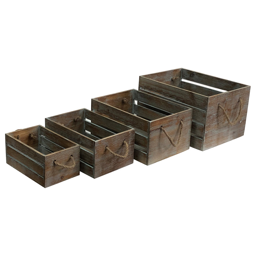 Set 4 Nested Wooden Storage Crates Rope Handles 40x30cm