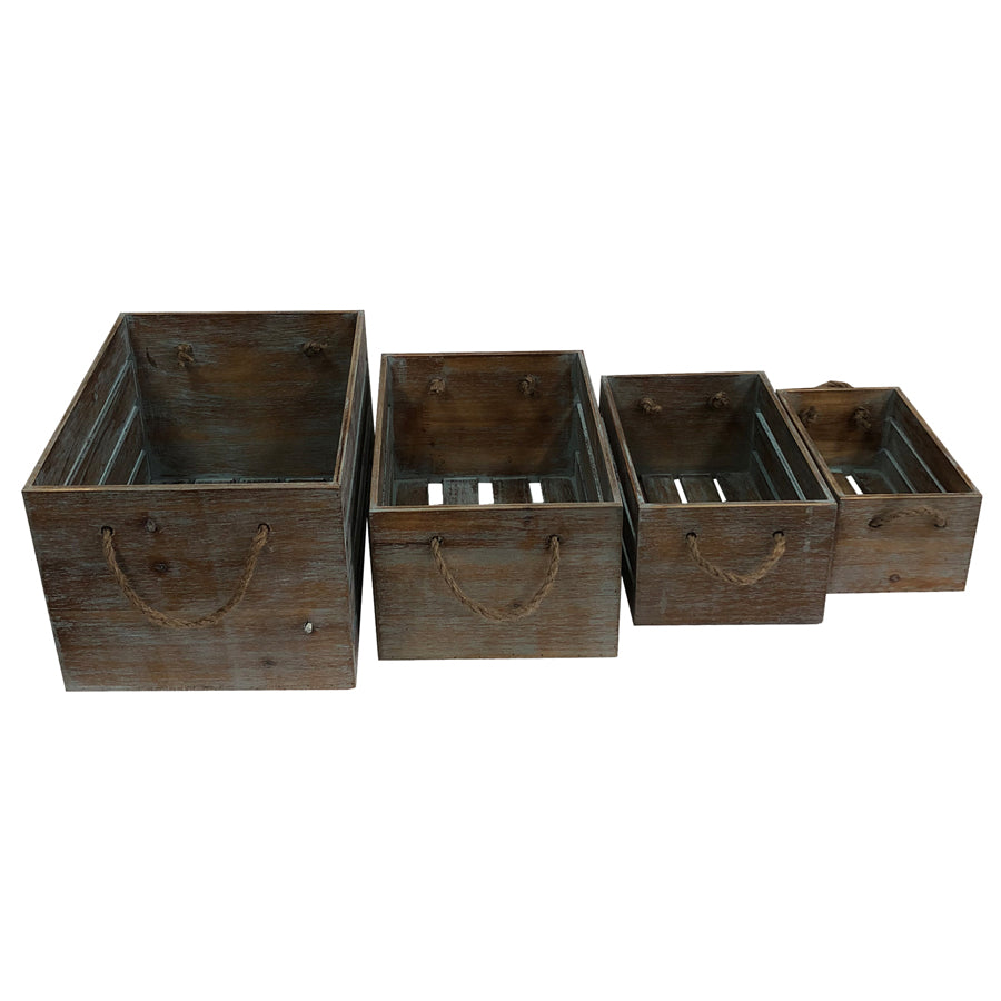 Set 4 Nested Wooden Storage Crates Rope Handles 40x30cm