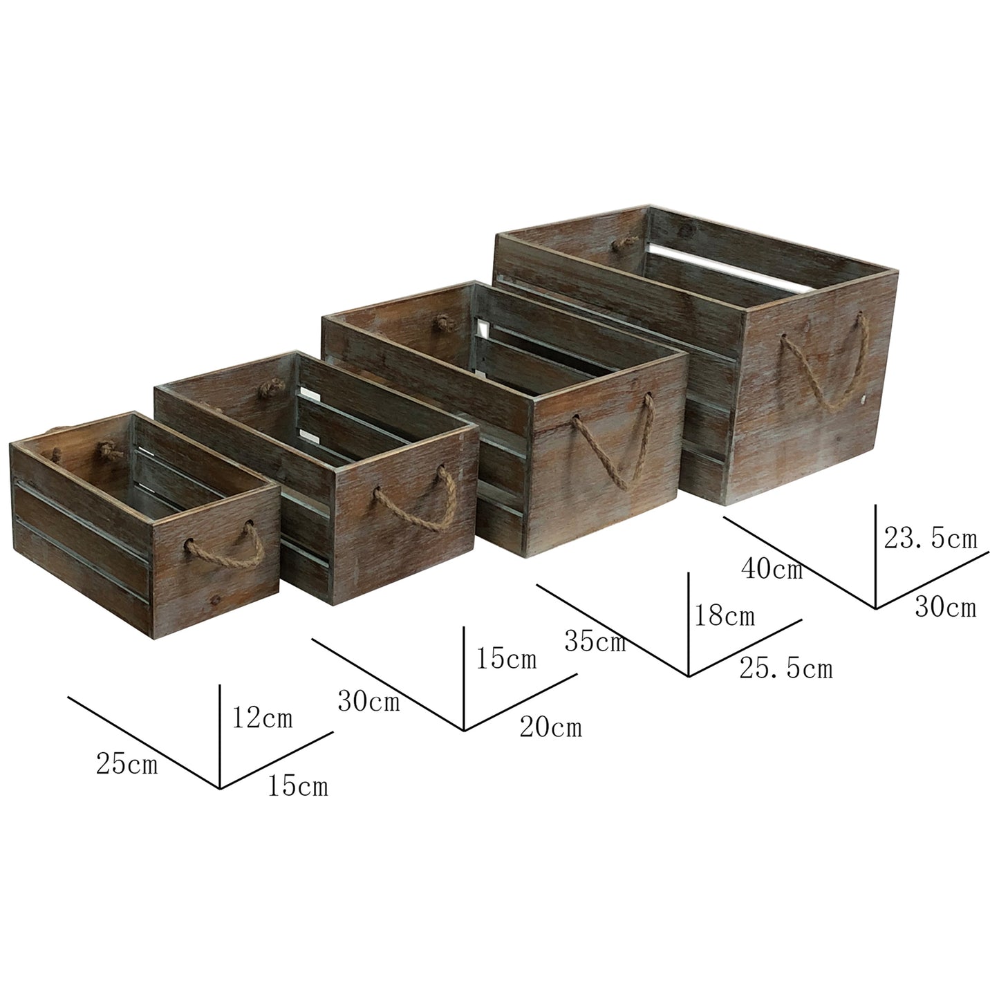 Set 4 Nested Wooden Storage Crates Rope Handles 40x30cm