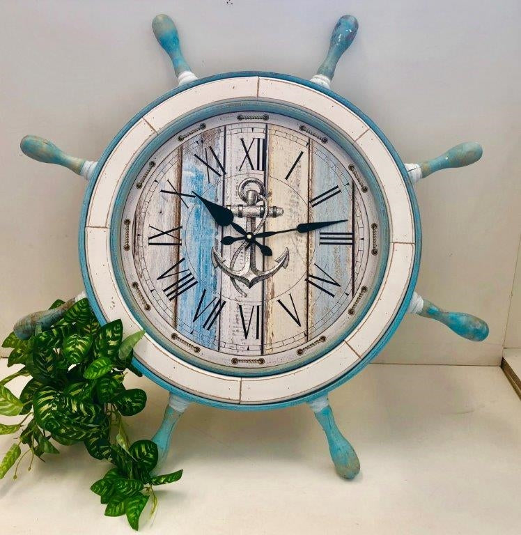 Oversized Ships Wheel Wall Clock 73cm - Antique Blue & Cream, Stylish Design - SuperSaverAU - view 1