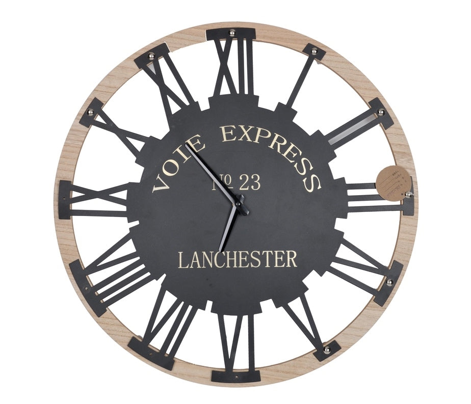 Roman Numeral Round Wall Clock 50cm - Black & Natural, Stylish Design - SuperSaverAU - view 1