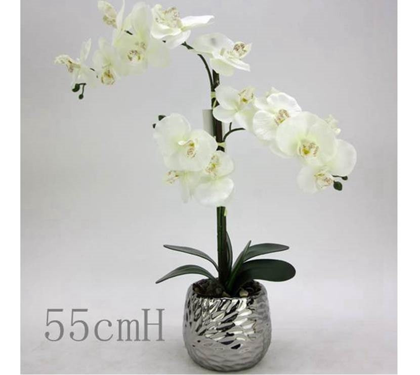 Artificial White Orchid 56cm in Silver Pot - Realistic Foliage, Green & White - SuperSaverAU - view 1