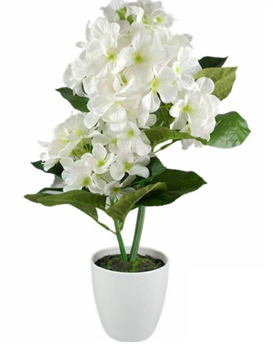 Artificial White Hydrangea Plant in White Pot, 10x46cm, Realistic Foliage - SuperSaverAU - view 1
