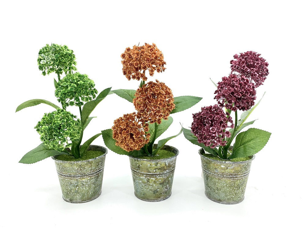 Set 3 Artificial 3 Stem Cotage Flower In Tin Pot 7x27cm