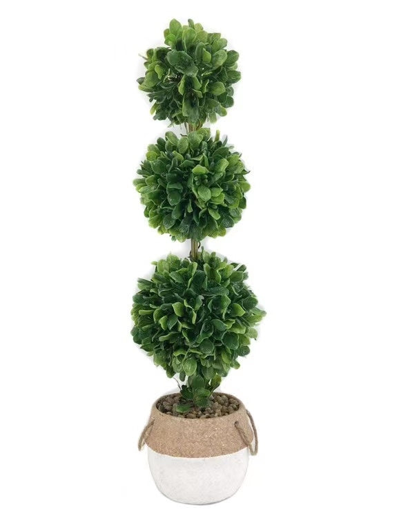 Artificial 3 Ball Topiary in Cement Pot Tree 81cm