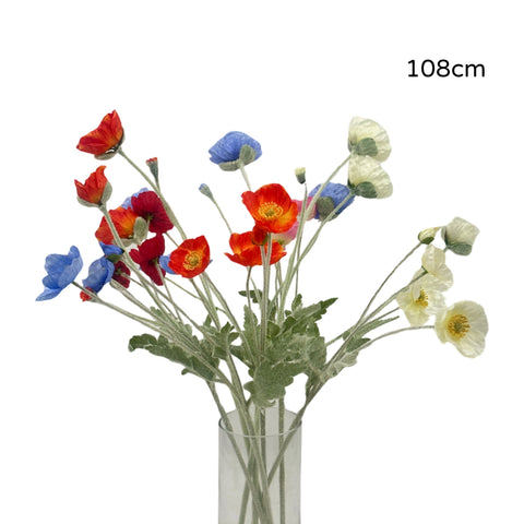 Artificial Poppy Flower Stem 15 Assorted, 108cm - Realistic Foliage Decor - SuperSaverAU - view 1