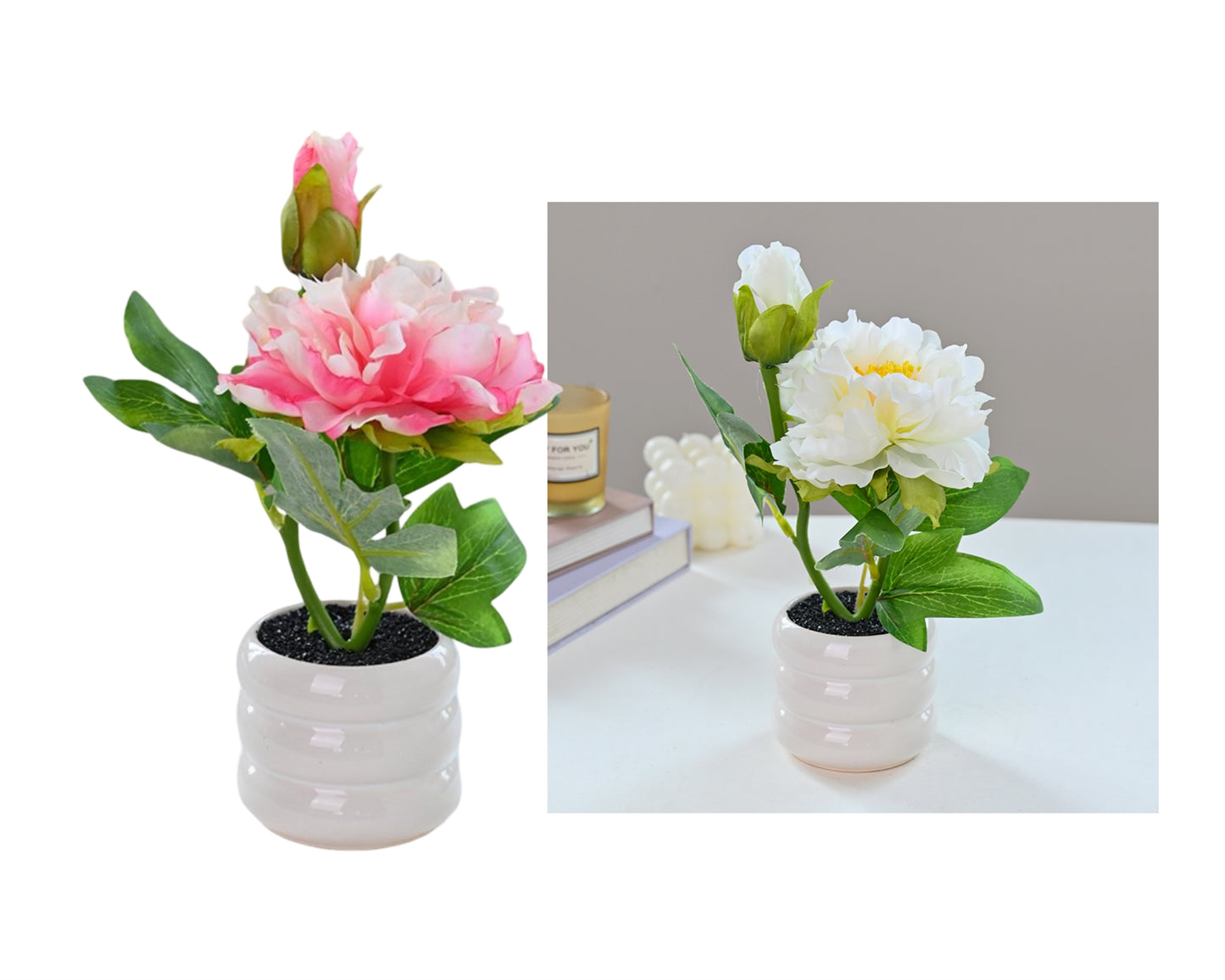 Artificial Peony Pot Assort 12 Set, 23cm, Pink & Cream, Plastic & Metal
