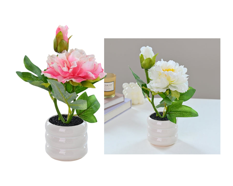 Artificial Peony Pot Assort 12 Set, 23cm, Pink & Cream, Plastic & Metal - SuperSaverAU - view 1