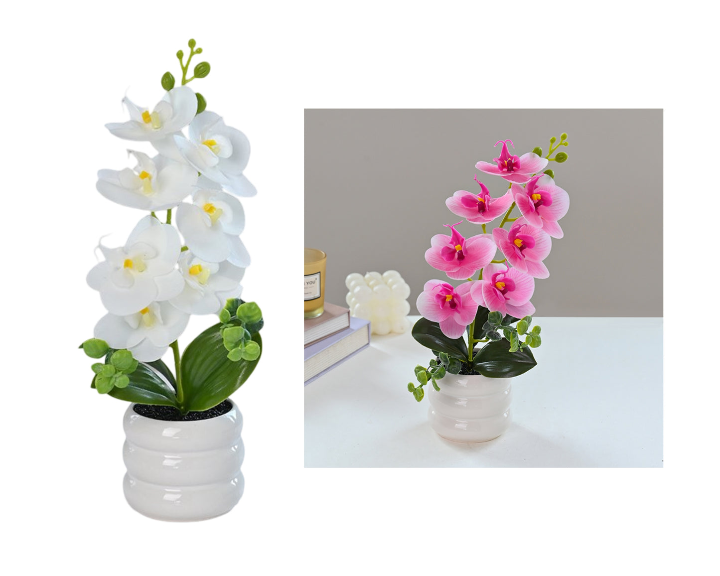 Artificial Orchid Pot Assort - 8 Sets, 28cm, Pink & White, Plastic & Metal