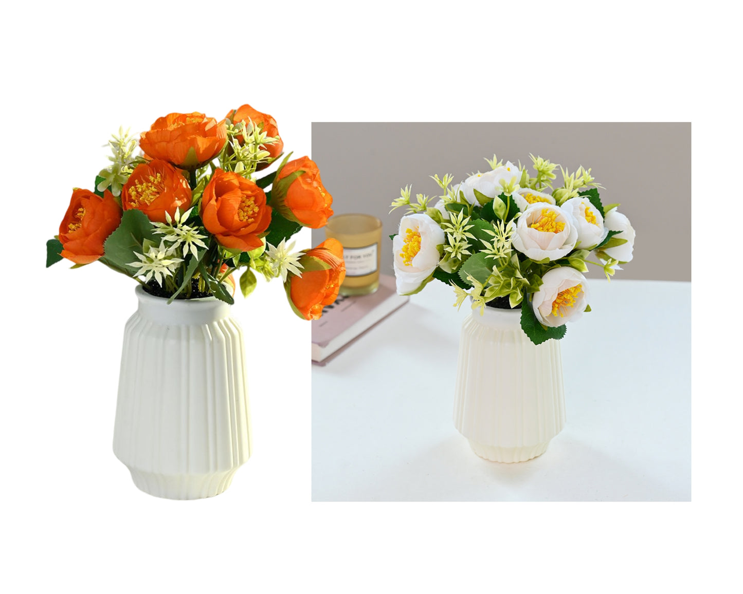 Artificial Peony Pot Assort 20cm - 8 Set, Orange & White, Plastic, Metal