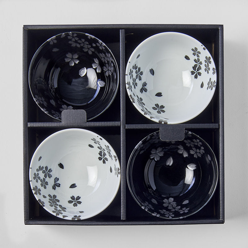 Premium Sakura Bowl Set – Black and White 200ml, 4 Piece