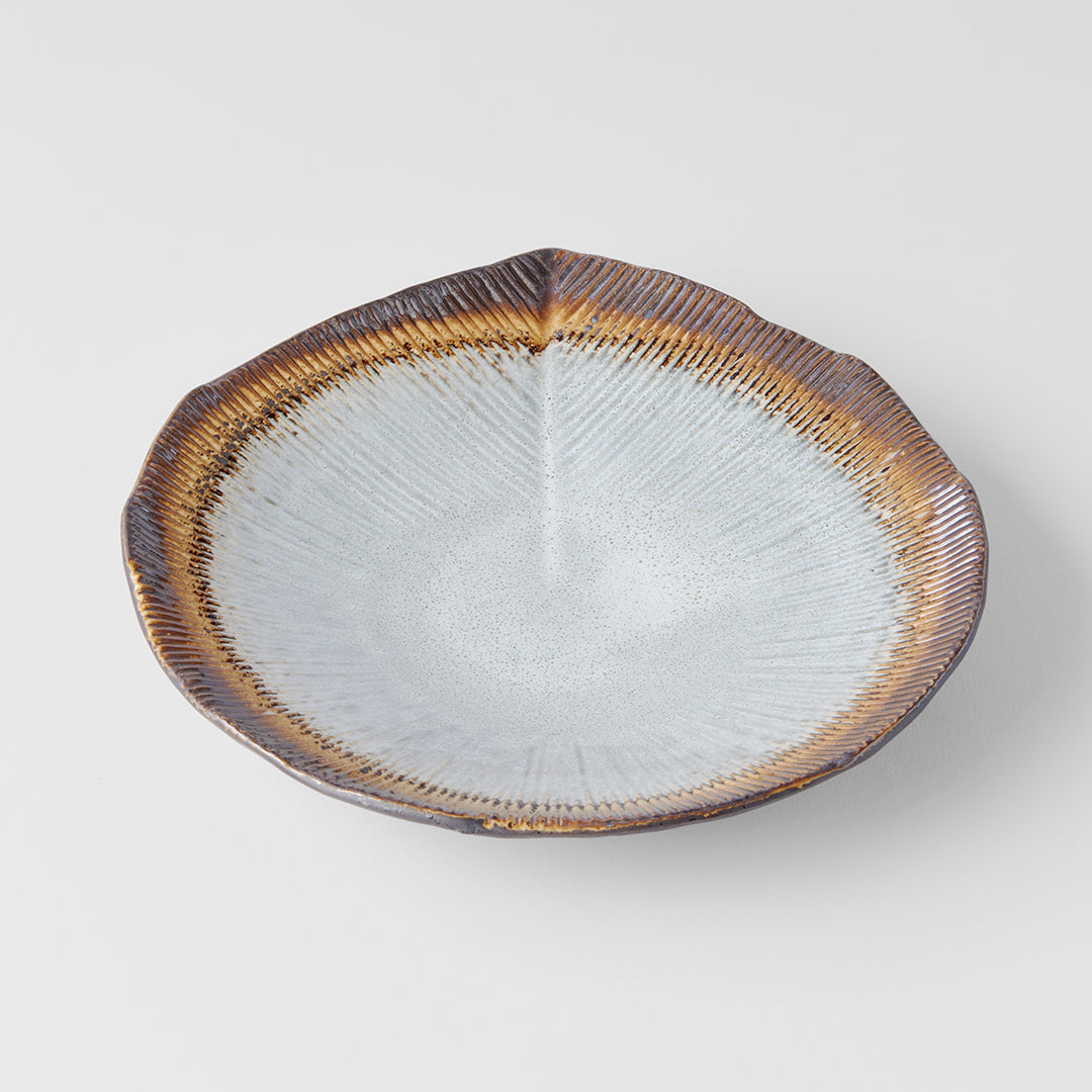 Premium Shallow Leaf Ceramic Bowl – Akane Grey Glaze 25cm