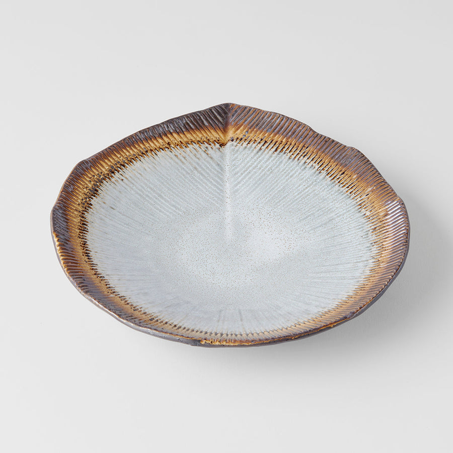 Premium Shallow Leaf Ceramic Bowl – Akane Grey Glaze 25cm