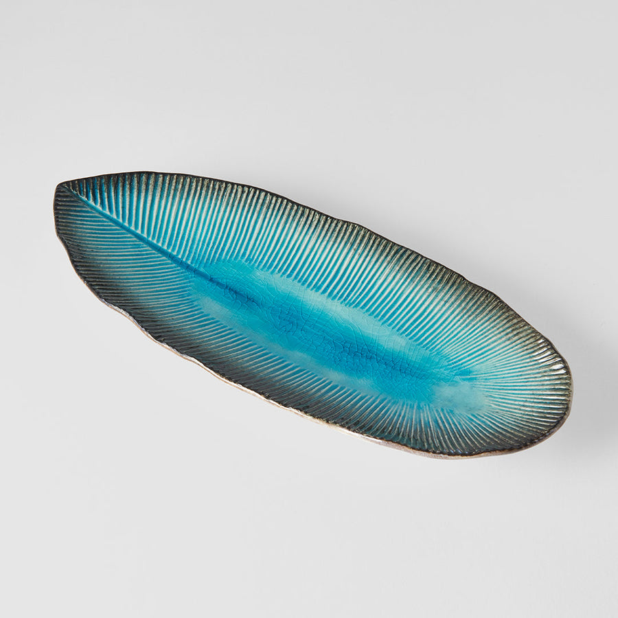 Premium Leaf Shape Ceramic Plate – Sky Blue Glaze 32.5 x 13.5cm