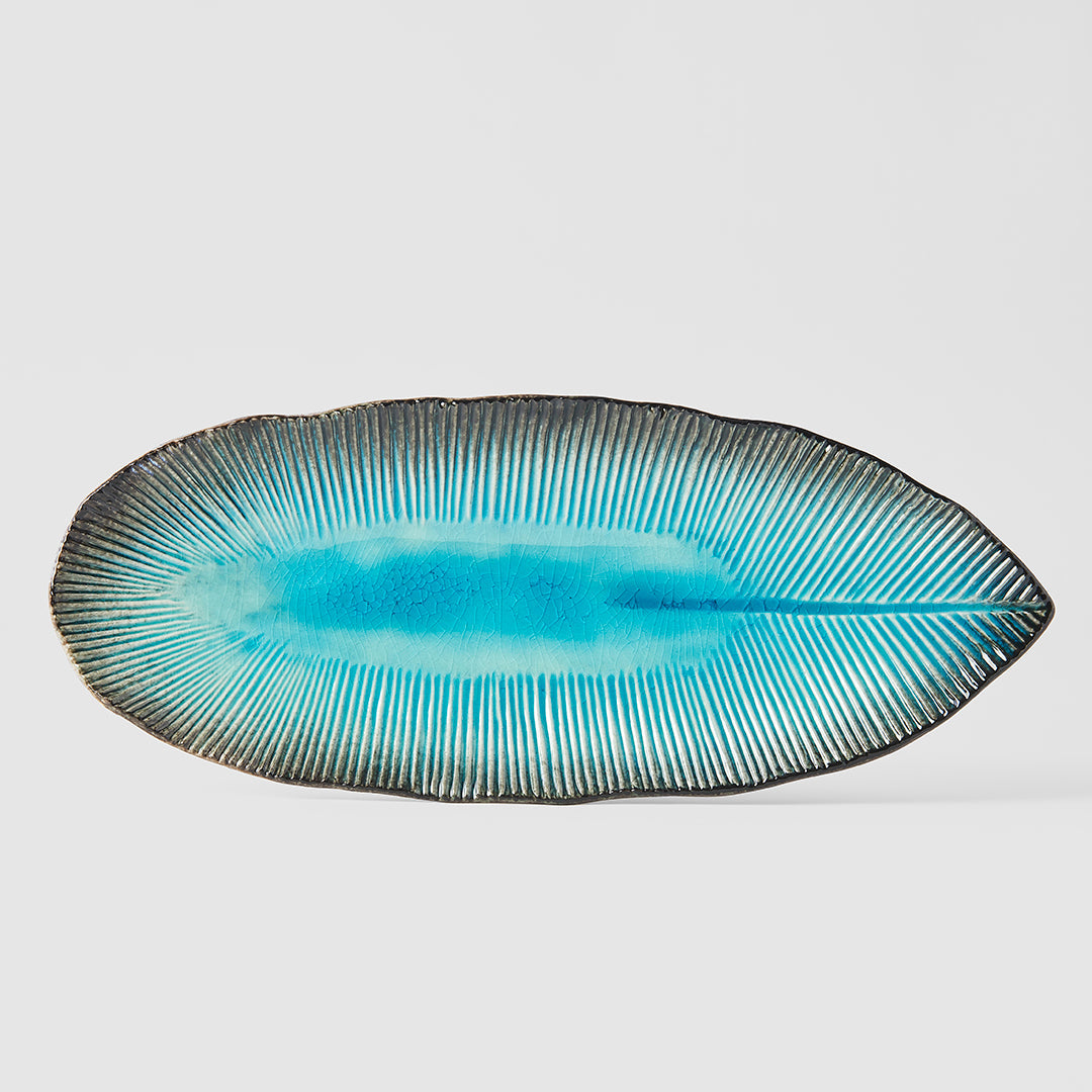 Premium Leaf Shape Ceramic Plate – Sky Blue Glaze 32.5 x 13.5cm