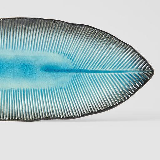 Premium Leaf Shape Ceramic Plate – Sky Blue Glaze 32.5 x 13.5cm