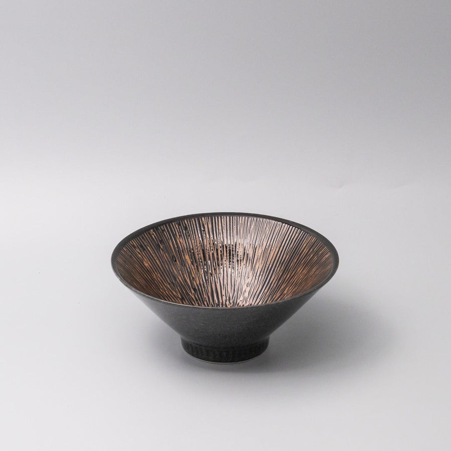 Premium Ceramic V-Shaped Bowl – Bronze Converging Line Glaze 19cm