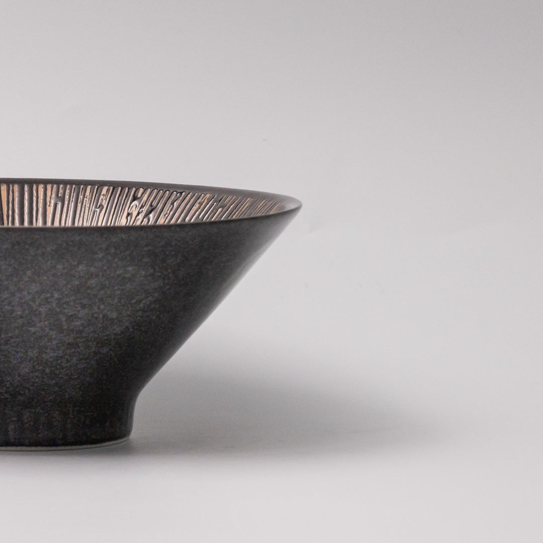 Premium Ceramic V-Shaped Bowl – Bronze Converging Line Glaze 19cm