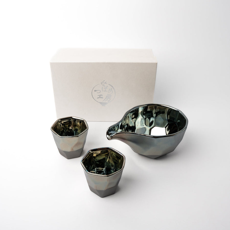 Premium Sake Set – Black Faceted Ink Glaze 7.5cm
