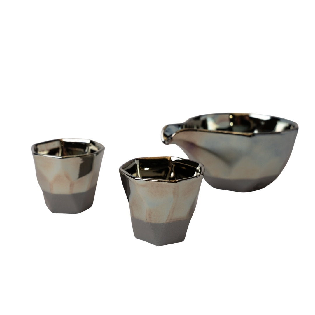 Premium Sake Set – Black Faceted Ink Glaze 7.5cm