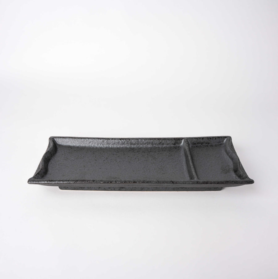 Premium 25cm Black Bamboo Glaze Sashimi Plate with Inbuilt Sauce Dish