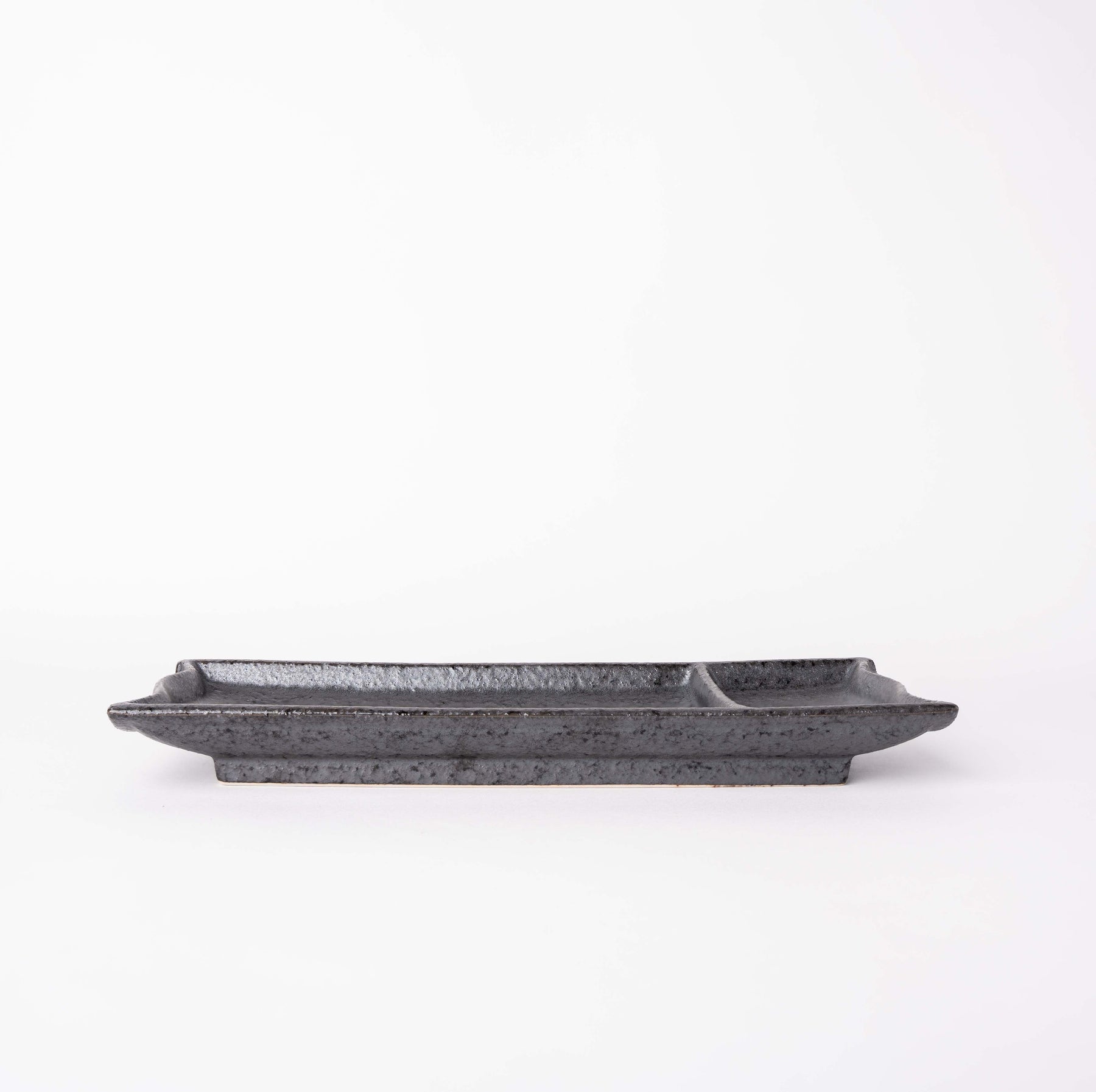 Premium 25cm Black Bamboo Glaze Sashimi Plate with Inbuilt Sauce Dish
