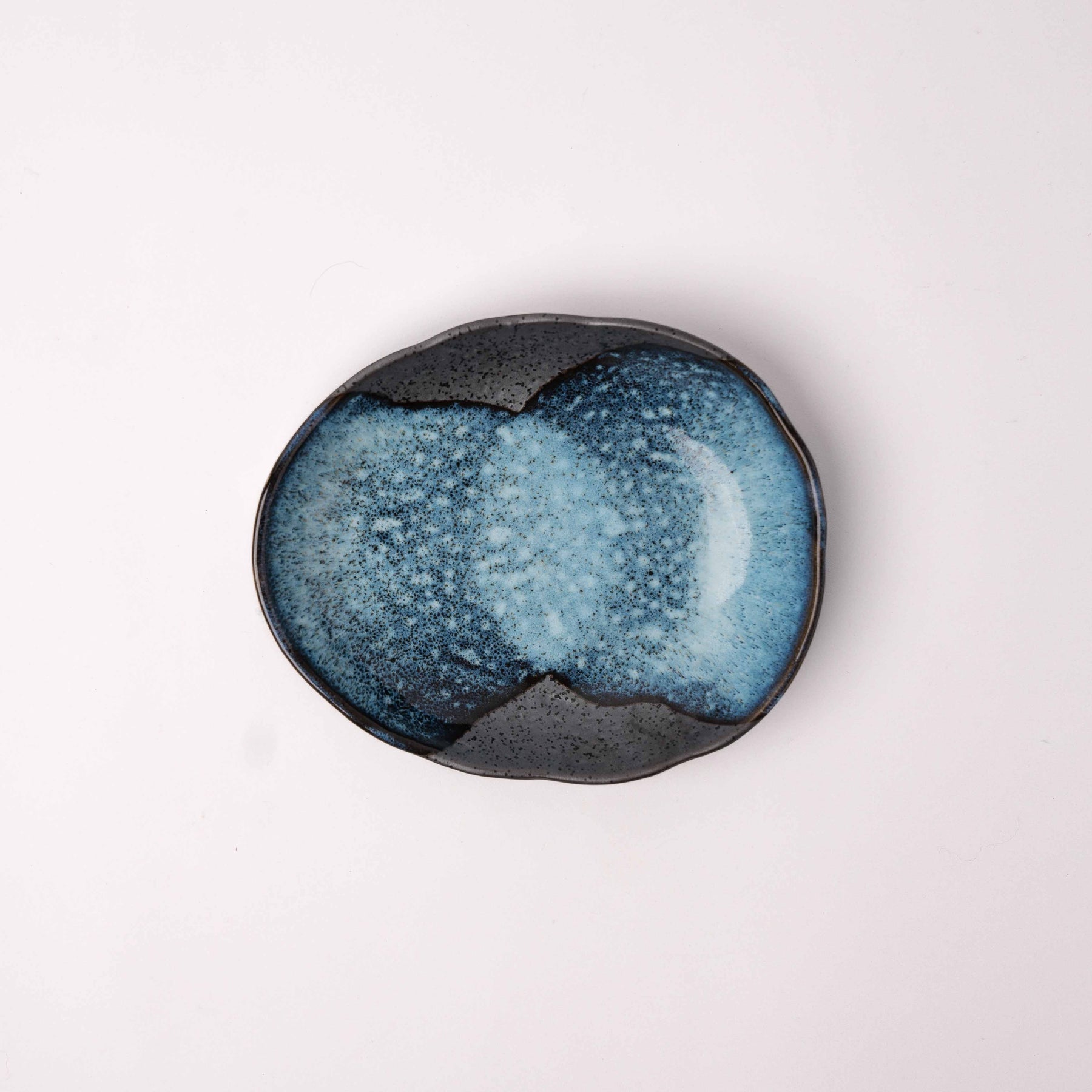 Premium Organic Shallow Bowl – Storm Glaze Sapphire Blue 18.5 x 15cm