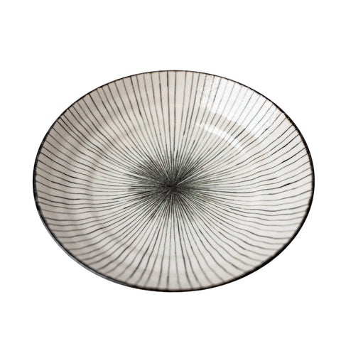 Premium Ceramic Flat Pasta Bowl – Black Converging Line Glaze 23cm