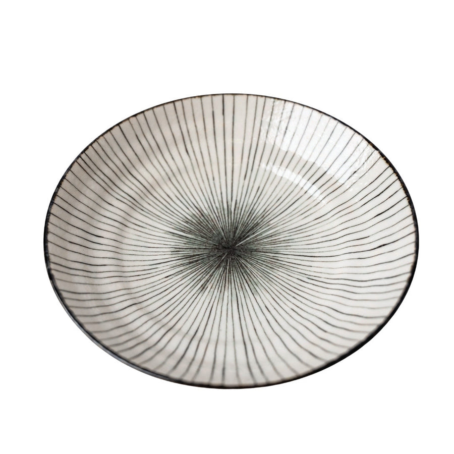 Premium Ceramic Flat Pasta Bowl – Black Converging Line Glaze 23cm