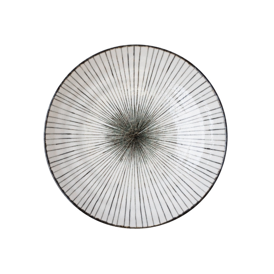 Premium Ceramic Flat Pasta Bowl – Black Converging Line Glaze 23cm