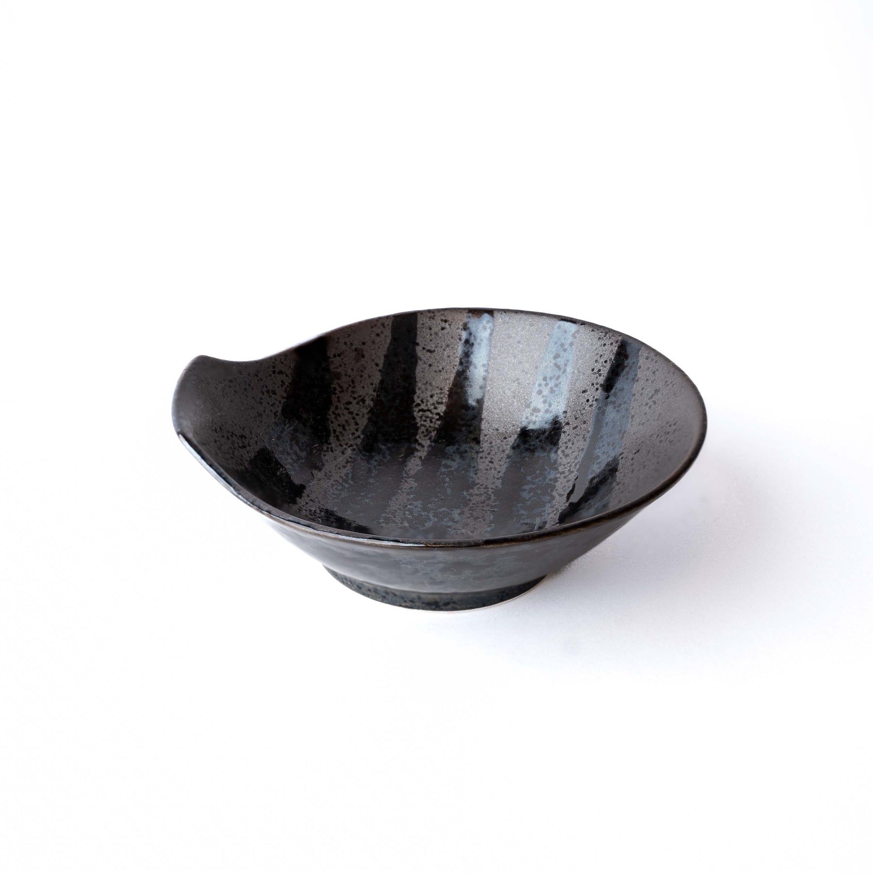 Premium Ceramic Bowl with Handle – Black Stripes on Gunmetal Glaze 13cm