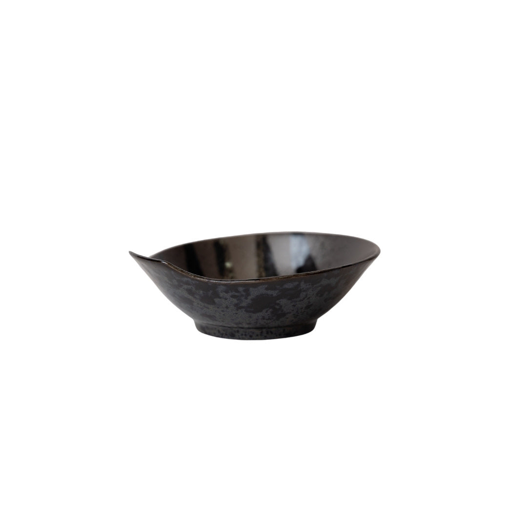 Premium Ceramic Bowl with Handle – Black Stripes on Gunmetal Glaze 13cm