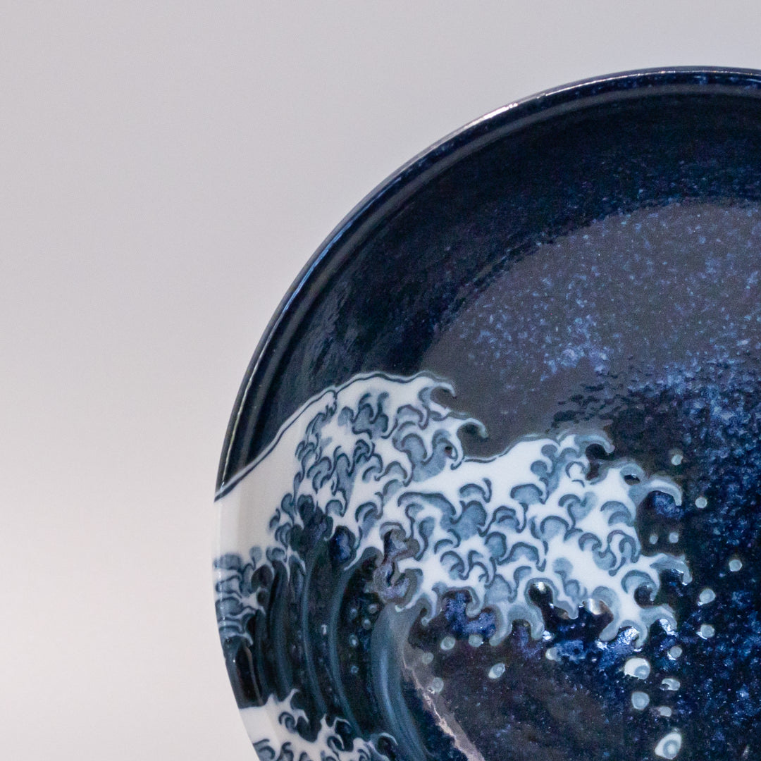 Premium Hokusai Great Wave Udon Bowl - Dark Blue, 19.5cm