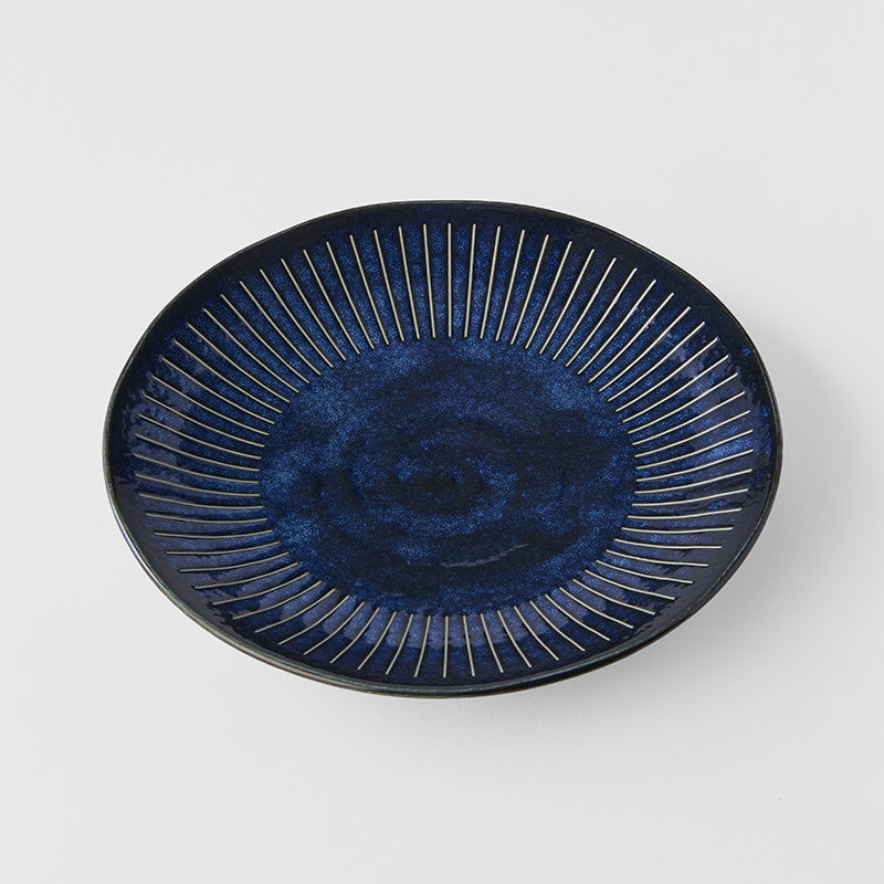 Premium 23cm Ridged Indigo Blue Glaze Ceramic Dinner Plate Dishwasher Microwave Safe