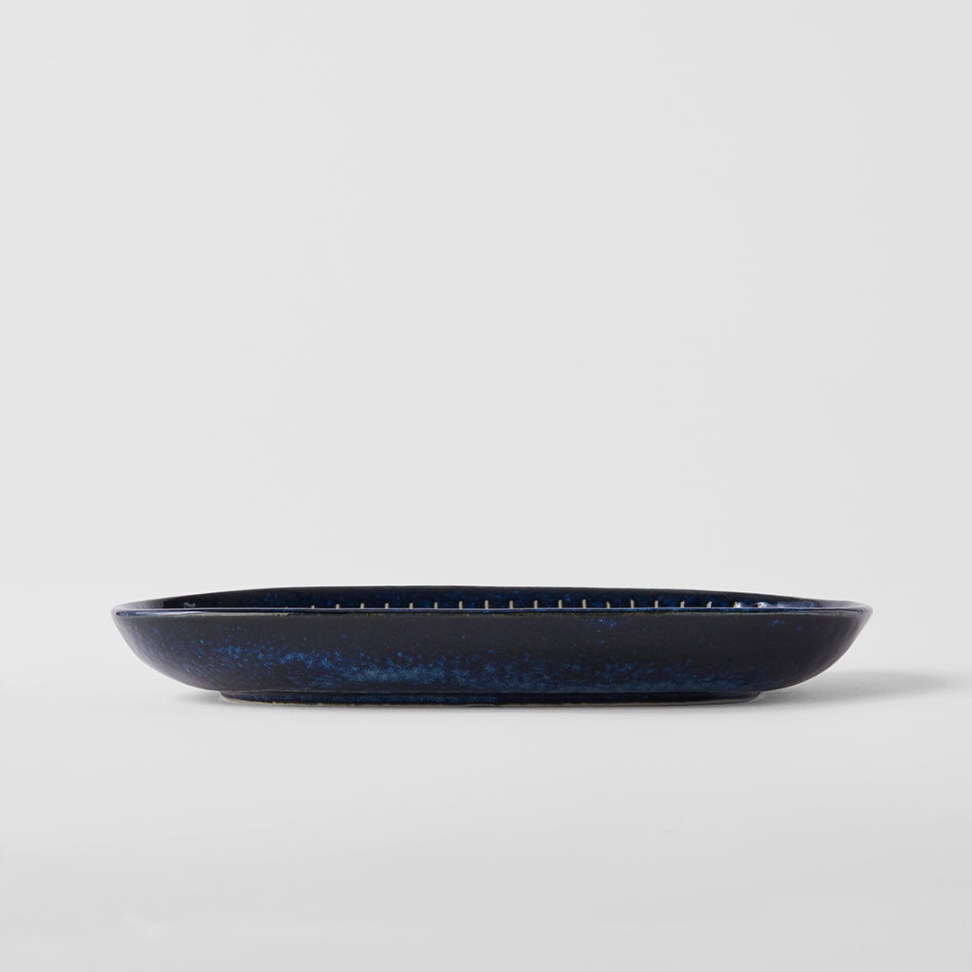 Premium Ceramic Oval Plate – Blue Ridged Indigo Glaze 19 x 13cm