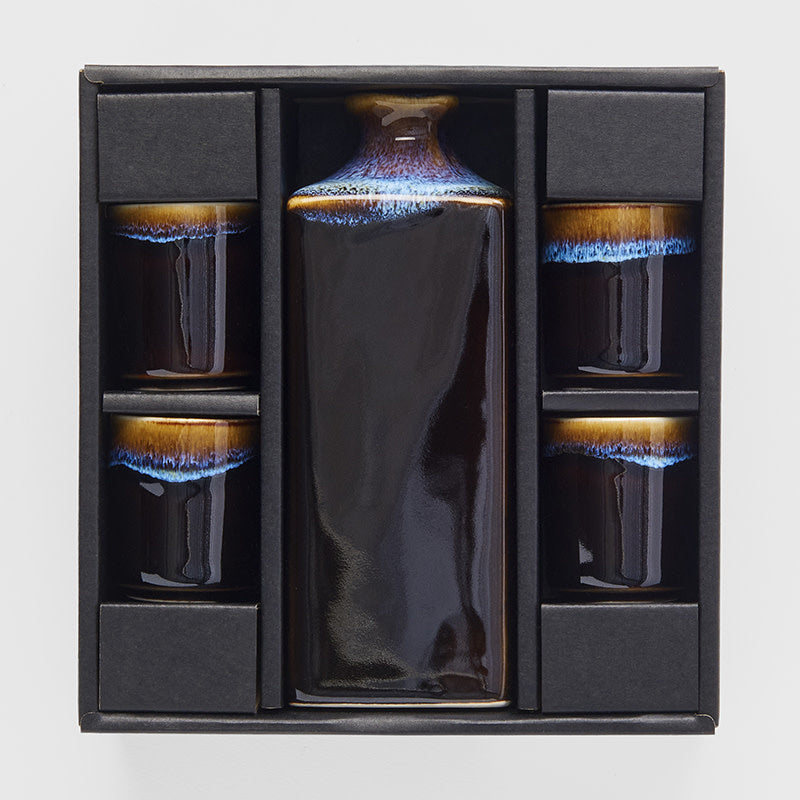 Premium 5pcs Tenmokku Bright Blue Glaze Ceramic Sake Set Dishwasher Safe