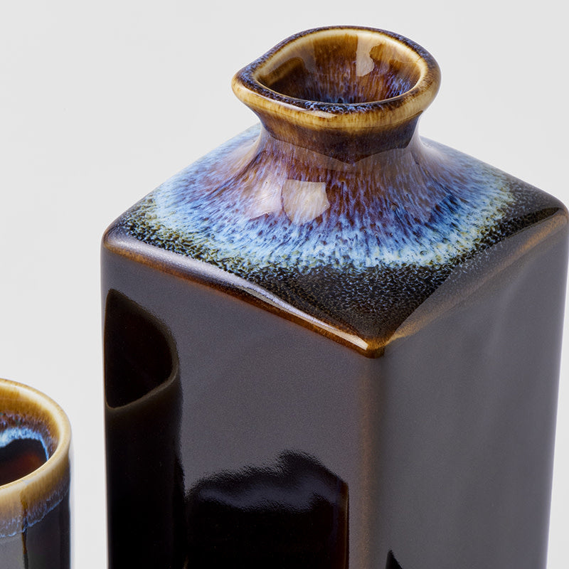 Premium 5pcs Tenmokku Bright Blue Glaze Ceramic Sake Set Dishwasher Safe