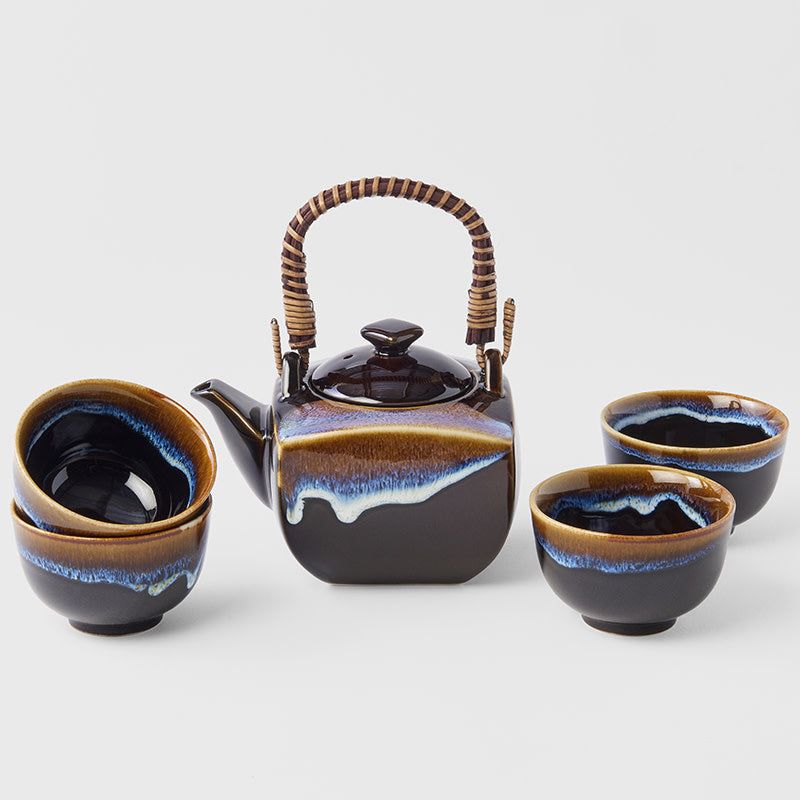 Tea Set 5pcs Tenmokku Bright Blue Glaze - SuperSaverAU - view 1