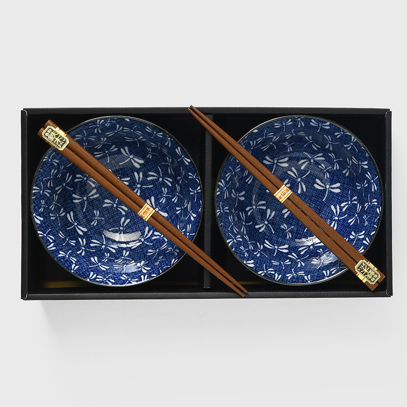 Premium Bowl Set with Chopsticks – Indigo Dragonfly 400ml, 2 Piece