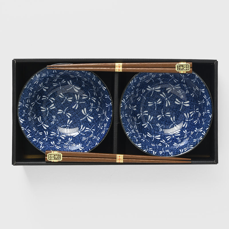 Premium Bowl Set with Chopsticks – Indigo Dragonfly 400ml, 2 Piece
