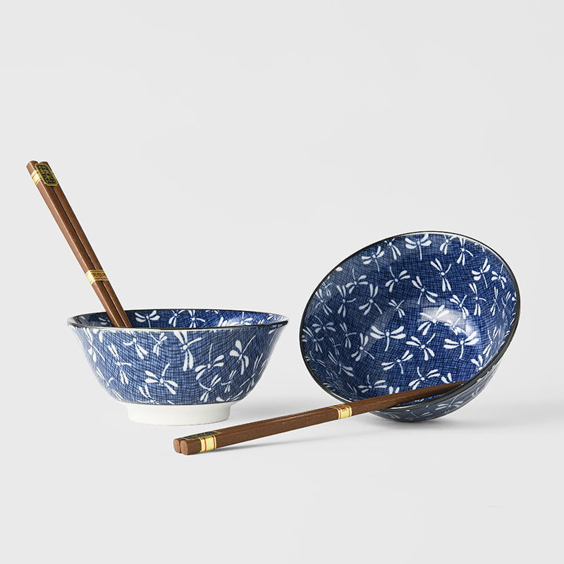 Premium Bowl Set with Chopsticks – Indigo Dragonfly 400ml, 2 Piece